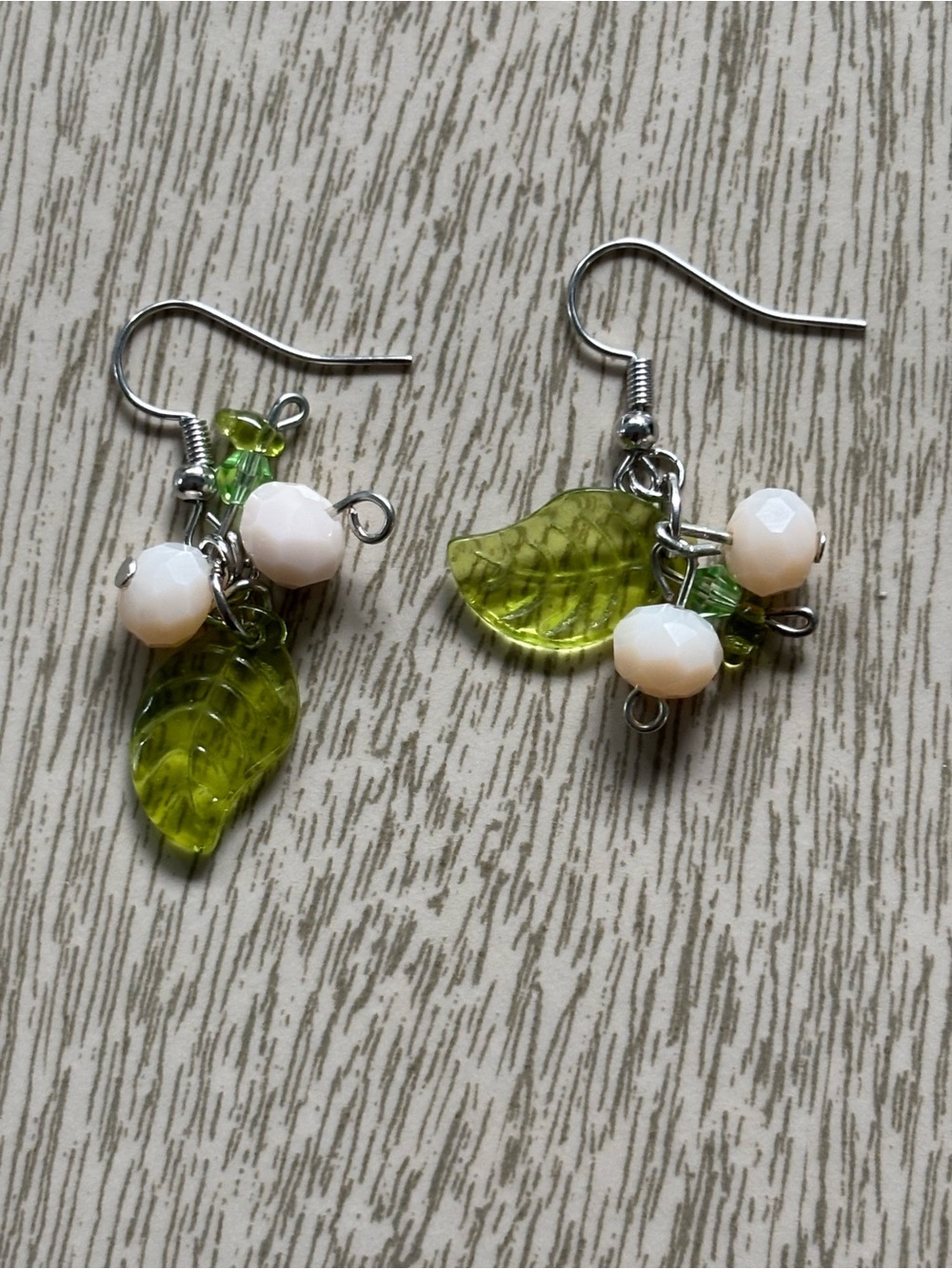 Hand Crafted Lime Green Leaf Earrings with Cream Beads
